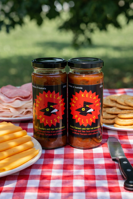 Two jars of Red Kelpie Relish on a red gingham cloth with cheese, crackers and cold meats.